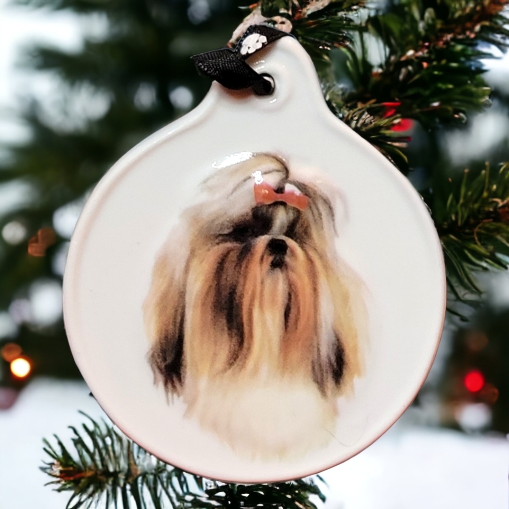 Shih Tzu Dog Keepsake Christmas Tree Porcelain Ornament Ribbon Hanger
